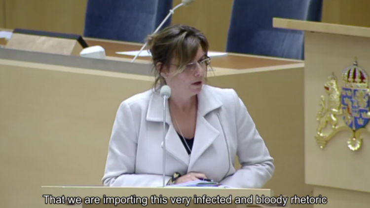 Isabella Lövin, Swedish Minister for International Development Cooperation, during a parliamentary debate on Stockholm's aid to Ramallah, March 4 2016