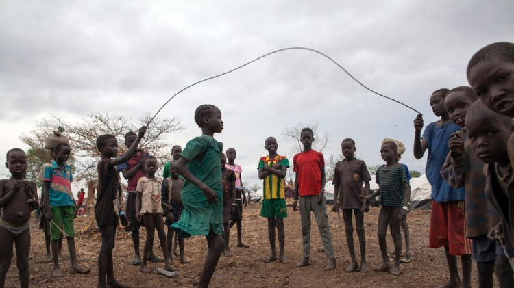 Children jump rope in the Kule refugee camp near the Pagak border entry in the Gambela Region of Ethiopia on April 2, 2014