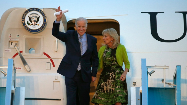 US Vice President Joe Biden and his wife Jill arrive at Israel's Ben Gurion airport on March 8, 2016