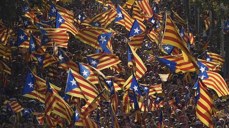 Catalans hold Catalan independence flags during celebrations of Catalonia National Day in Barcelona on September 11, 2014