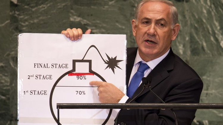 Israeli PM Benjamin Netanyahu describes Iran's alleged nuclear weapon plans at the UN in New York, on September 27, 2012