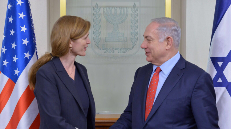 US ambassador to the UN Samantha Power (L) and Israeli Prime Minister Benjamin Netanyahu in Jerusalem on February 15, 2016