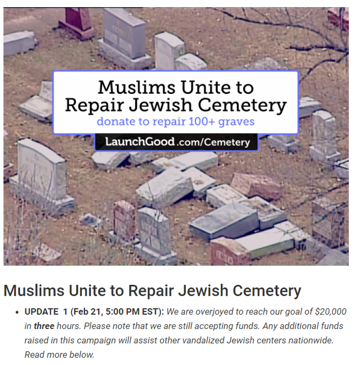 Initiative pour financer les réparations d'un cimetière juif profané aux Etats-Unis Capture d'écran https://www.launchgood.com/project/muslims_unite_to_repair_jewish_cemetery#/
