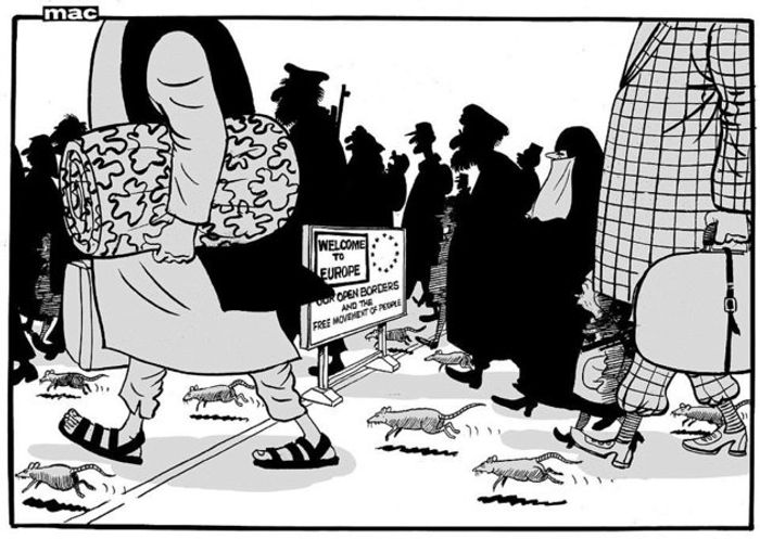 Le dessinateur Mac pour le Daily Mail représentant les migrants entrant en Europe accompagnés par des rats Mac pour le Daily Mail