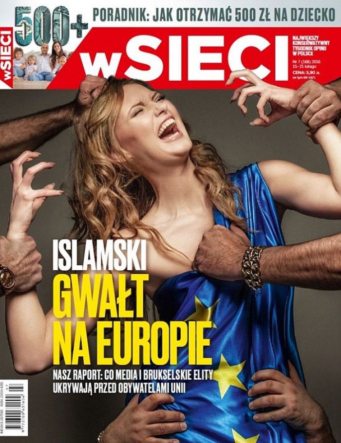 La couverture du magazine polonais wSieci, montrant une femme blanche blonde dans un drapeau de l'UE saisie par des mains de couleur plus foncée