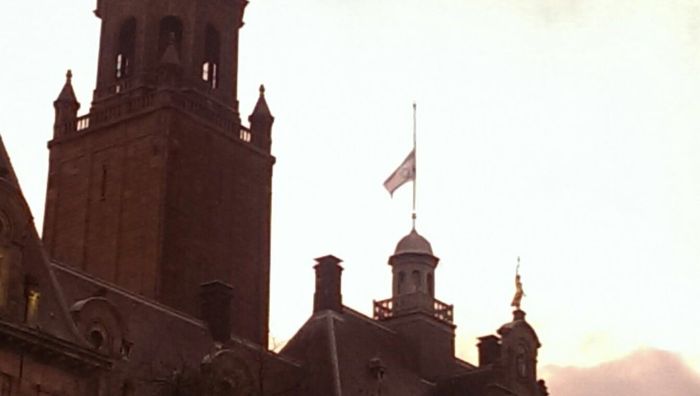 The Israeli flag is flown at half mast at the town hall building of Rotterdam, in the Netherlands on January 10, 2017 David de Leeuw - NIW Dutch Jewish Weekly