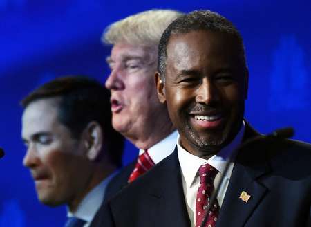 Marco Rubio, Donald Trump et Ben Carson lors d'un débat TV entre les candidats à la primaire républicaine le 28 octobre 2015 à Boulder au Colorado  ( ROBYN BECK (AFP) )