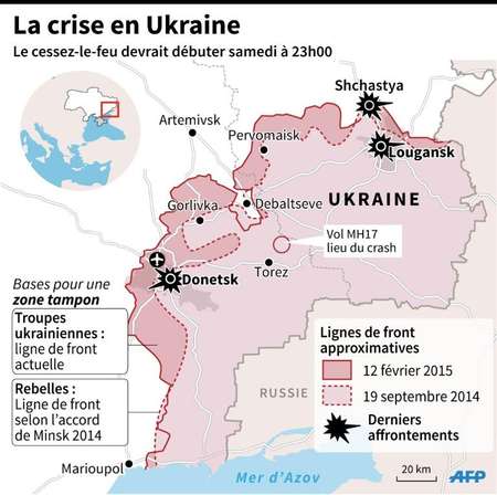Carte de l'est de l'Ukraine, montrant les dernières violences et la zone tampon approximative  ( L. Saubadu / J. Storey (AFP) )