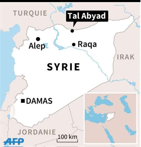 Localisation de la ville de Tal Abyad, à la frontière turque, où des milliers de Syriens fuient les combats - L. Saubadu/J. Jacobsen (AFP) L. Saubadu/J. Jacobsen (AFP)
