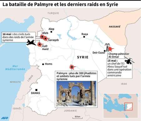 Carte de la Syrie localisant les derniers raids et la bataille de Palmyre  ( S.Ramis/J.Jacobsen (AFP) )