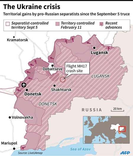 Map of eastern Ukraine comparing territory held by pro-Russian separatists in September and now in February ( Graphics/AFP )