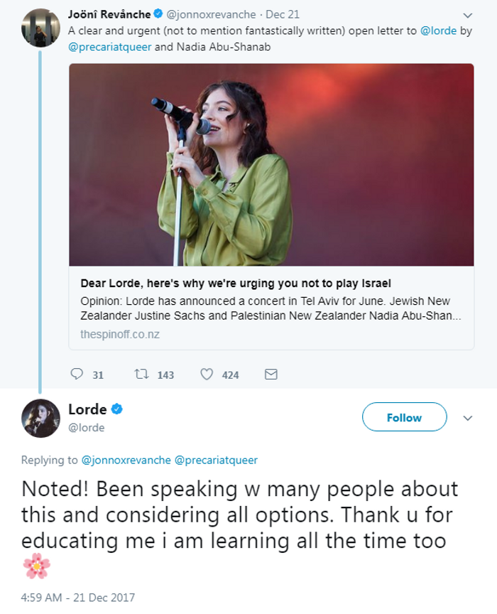 Deux fans de Lorde exhortent la chanteuse à annuler sa représentation en Israël Capture d'écran Twitter