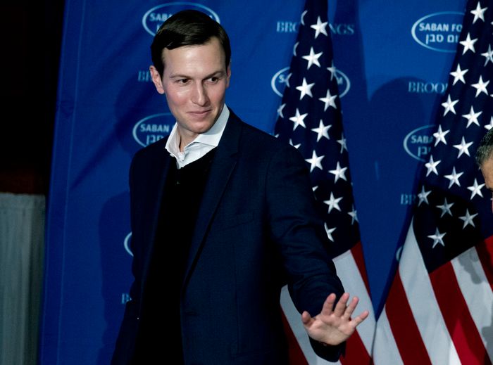 President Donald Trump's White House Senior Adviser Jared Kushner waves to the audience after speaking at the Saban Forum in Washington, Sunday, Dec. 3, 2017. AP Photo/Jose Luis Magana