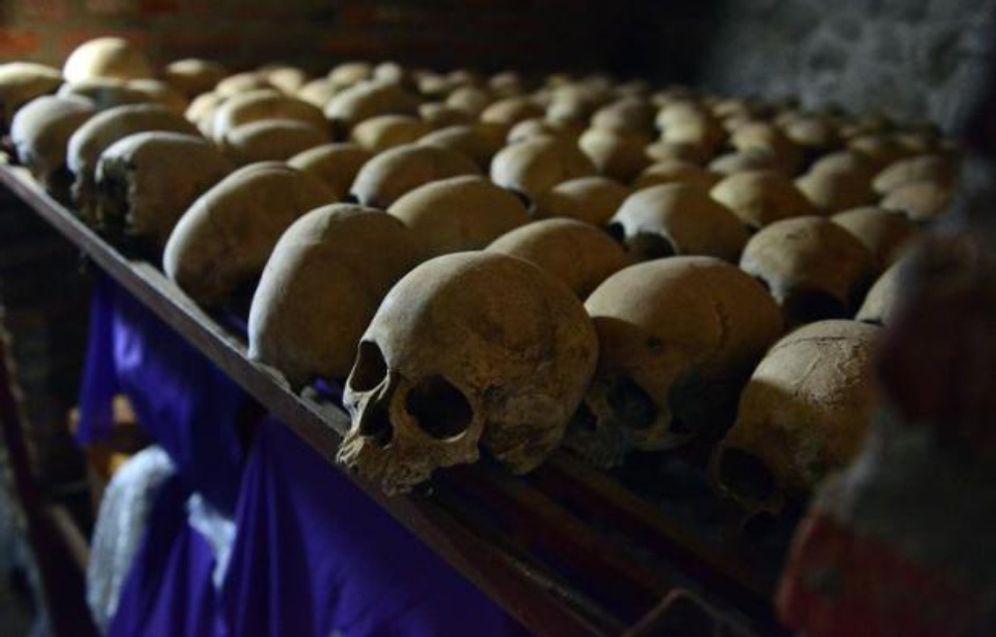 Human skulls are lined up in the Nyamata genocide memorial, in a catholic church where thousands were massacred during the 1994 Rwandan genocide