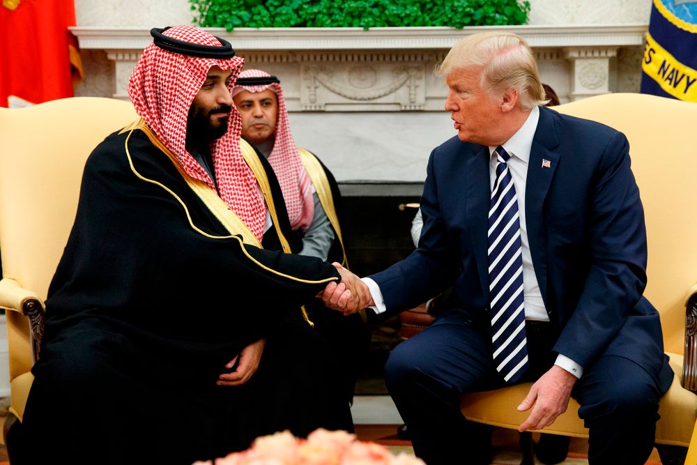 FILE - In this March 20, 2018, file photo, President Donald Trump shakes hands with Saudi Crown Prince Mohammed bin Salman in the Oval Office of the White House in Washington. The Trump administration is signing off on selling more than $1.3 billion in ar