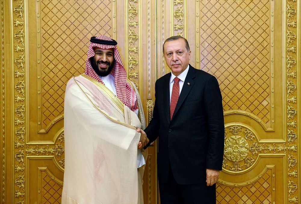 Turkey's President Recep Tayyip Erdogan, right, shakes hands with Saudi Crown Prince Mohammed bin Salman, prior to their meeting in Jiddah, Saudi Arabia.