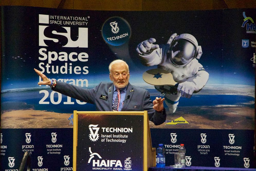 American astronaut Buzz Aldrin speaks at The Technion – Israel Institute of Technology in Haifa on July 26, 2015