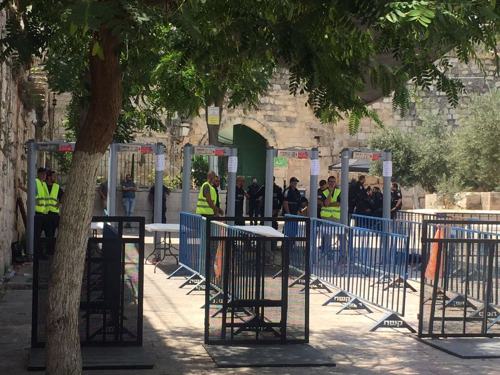 Newly-installed metal detectors and gates at the entrance to the Temple Mount compound in Jerusalem, July 17, 2017