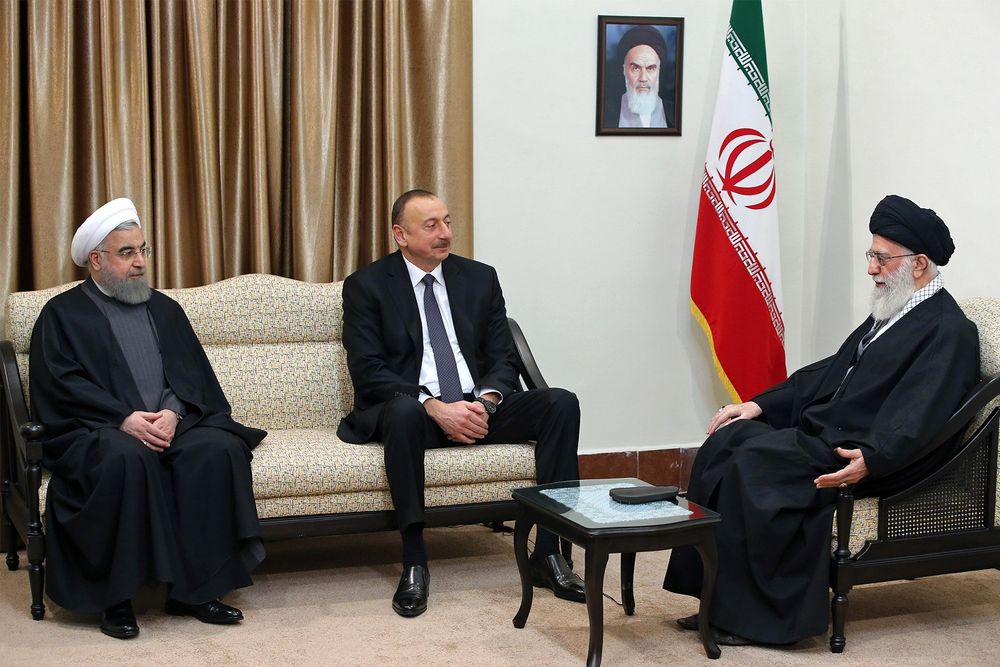 Azerbaijan's President Ilham Aliyev (C) meets with Supreme Leader Ayatollah Ali Khamenei (R) and President Hassan Rouhani, in Tehran, Iran.