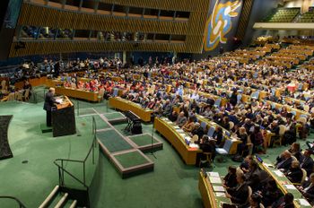 A wide view of the General Assembly Hall as Secretary-General António Guterres (at podium) makes remarks during the Holocaust Remembrance Ceremony on January 27, 2019