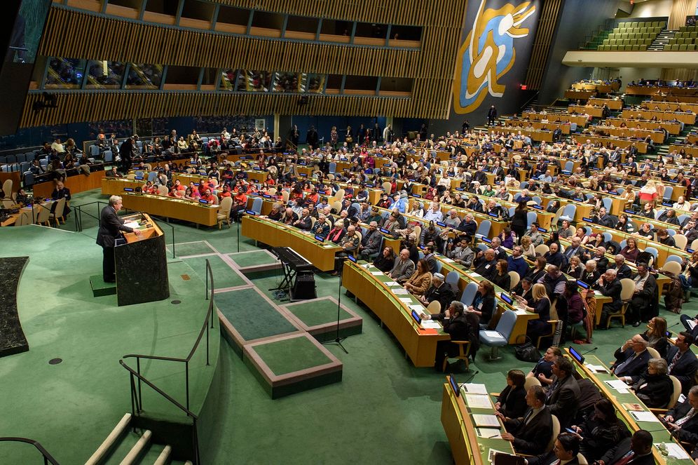 United Nations, New York A wide view of the General Assembly Hall as Secretary-General António Guterres (at podium) makes remarks during the Holocaust Remembrance Ceremony on January 27, 2019