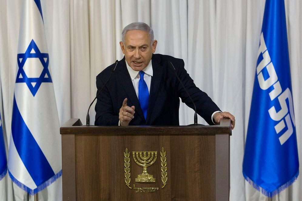 Israeli Prime Minister Benjamin Netanyahu gestures as he delivers a statement in Ramat Gan, Israel, Thursday, Feb. 21, 2019.
