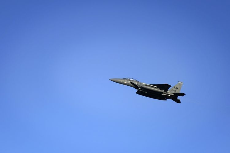 An F-15E Strike Eagle departs RAF Lakenheath in the United Kingdom to support Operation Inherent Resolve