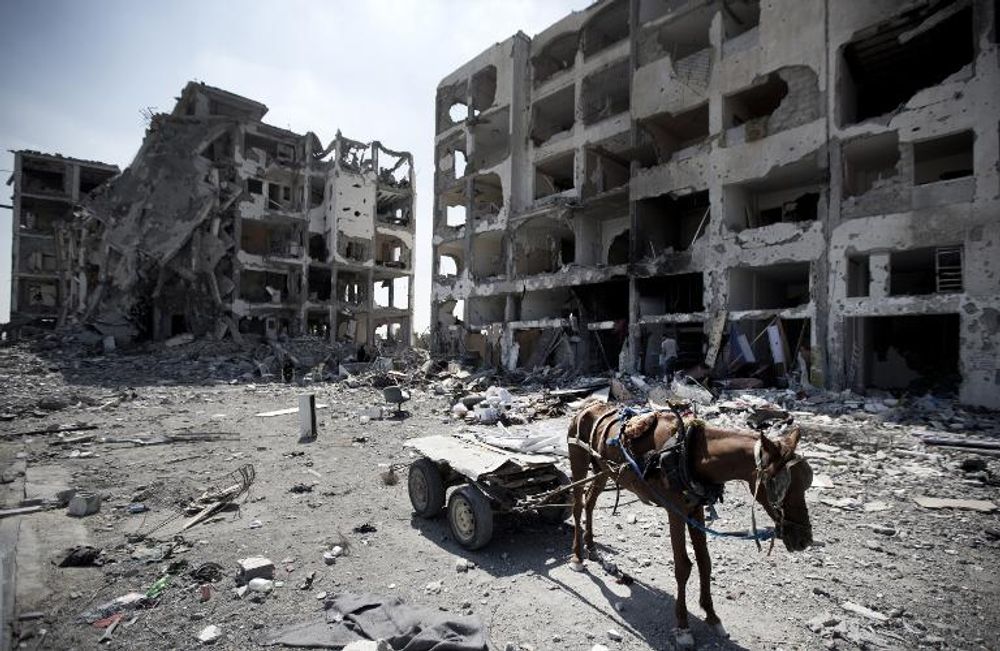 Uma foto tirada em 11 de agosto de 2014 em Beit Lahia, na Faixa de Gaza, mostra uma carroça puxada por burros em frente às destruídas Torres Nada, enquanto os palestinos retornam à área para inspecionar o que resta de suas casas durante um cessar-fogo de 72 horas observado na Faixa de Gaza.