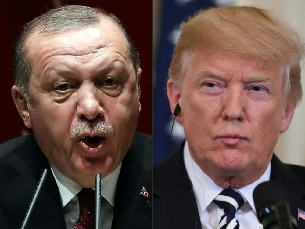 Montage créé le 11 août 2018 montrant la photo du président turc Recep Tayyip Erdogan (d) prise le 26 janvier 2018 à Ankara et celle du président américain Donald Trump (g) prise le 30 juillet 2018 à Washington