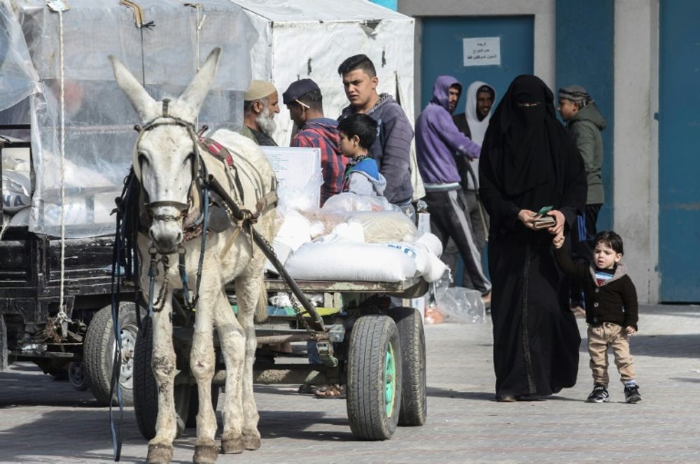 Une Palestinienne et sa famille collectent la nourriture fournie par l'agence de l'ONU pour l'aide aux réfugiés de Palestine (UNRWA) à Rafah dans la bande de Gaza, le 17 janvier 2018