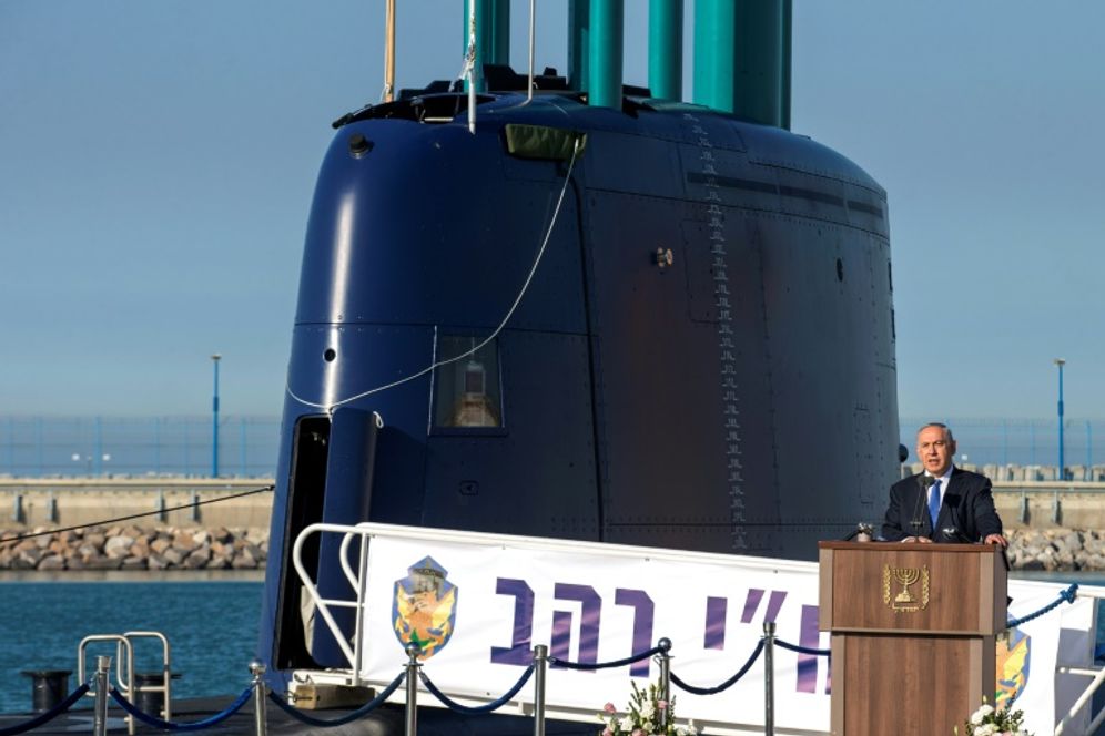 JACK GUEZ (AFP/File) Then Israeli prime minister Benjamin Netanyahu delivers a speech to mark the arrival of the German-made submarine INS Rahav at the port of Haifa on January 12, 2016.