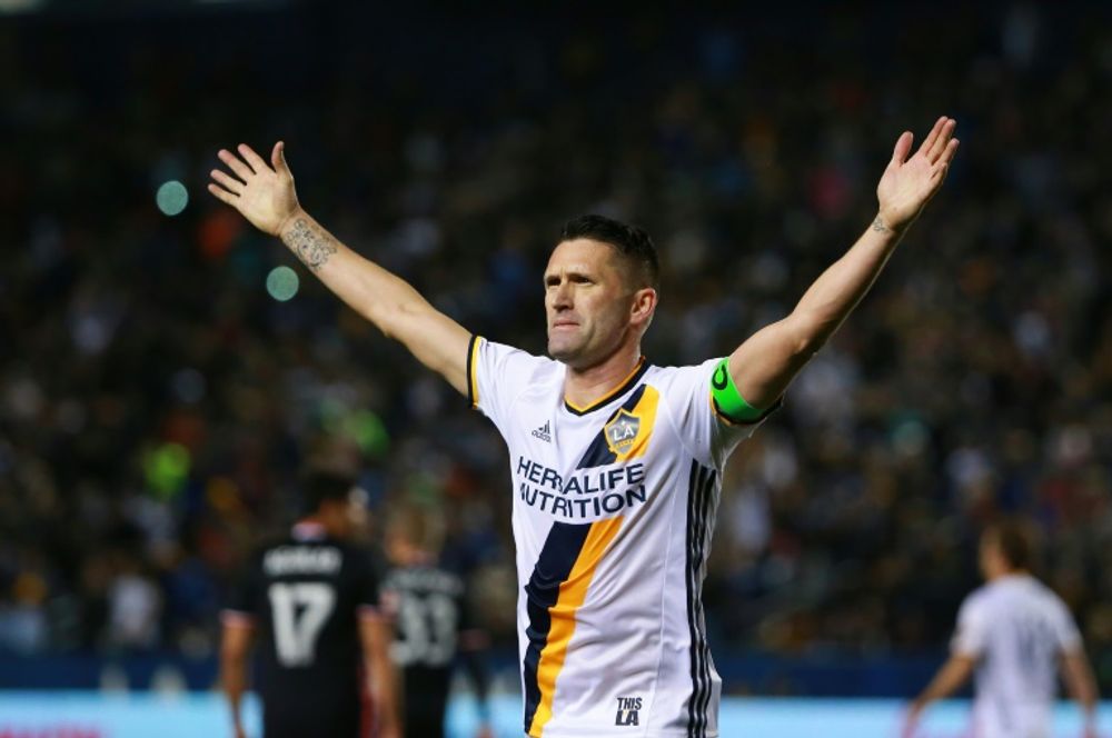 Irish Robbie Keane playing with the Los Angeles Galaxy, during his captaincy the team won three Major League Soccer Cup titles.