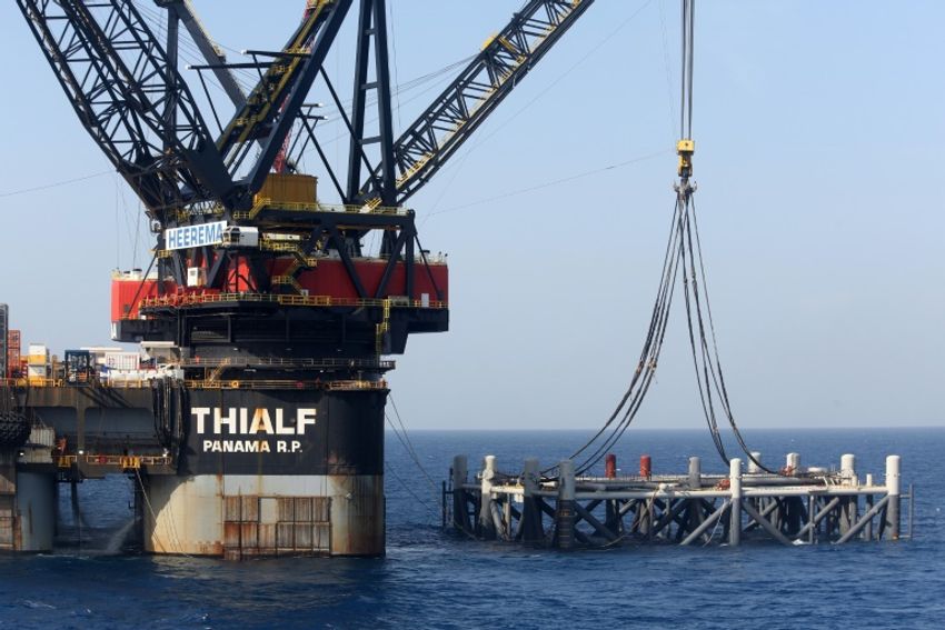 A crane vessel puts in place the platform jacket for the Leviathan natural gas field in the Mediterranean Sea, some 125 kilometers off the coast of Israel