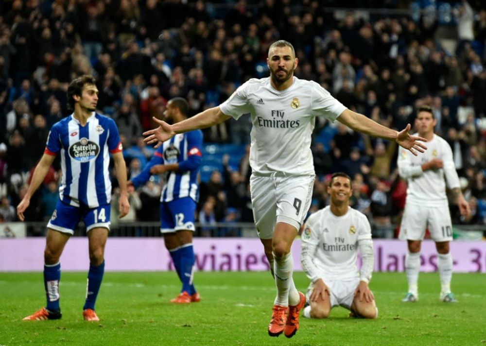 L'attaquant du Real Madrid Karim Benzema, auteur d'un doublé face à La Corogne, le 9 janvier 2016 à Bernabeu