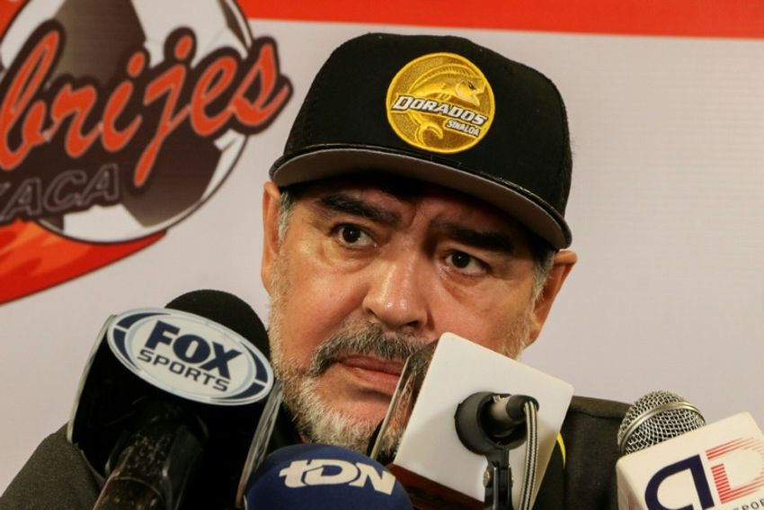 L'Argentin Diego Maradona en conférence de presse après la défaite de Sinaloa, à Oaxaca au Mexique, le 22 septembre 2018 L'Argentin Diego Maradona en conférence de presse après la défaite de Sinaloa, à Oaxaca au Mexique, le 22 septembre 2018