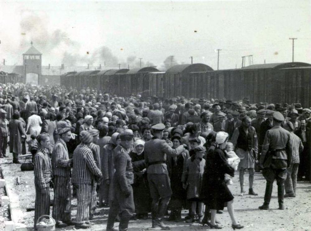 A photo taken 27 May 1944 in Oswiecim shows Nazis selecting prisoners on the platform at the entrance of the Auschwitz-Birkenau extermination camp