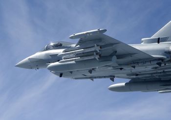 A Royal Air Force Typhoon fighter jet flies with air-to-air missiles fitted to it, in a photo dated August 1, 2008