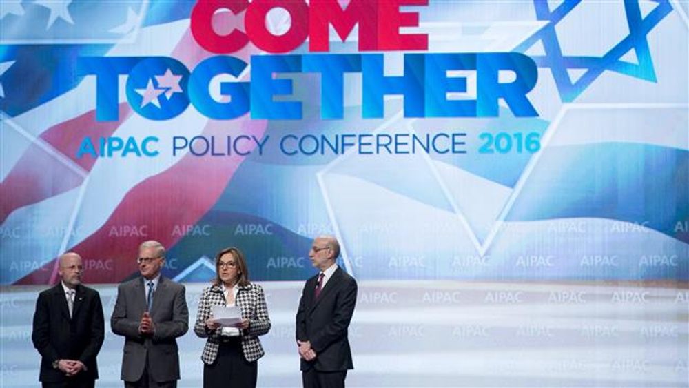 AIPAC president Lillian Pinkus (2nd R), makes a statement during the pro-Israeli group's 2016 policy conference at the Washington Convention Center in Washington, DC, March 22, 2016.