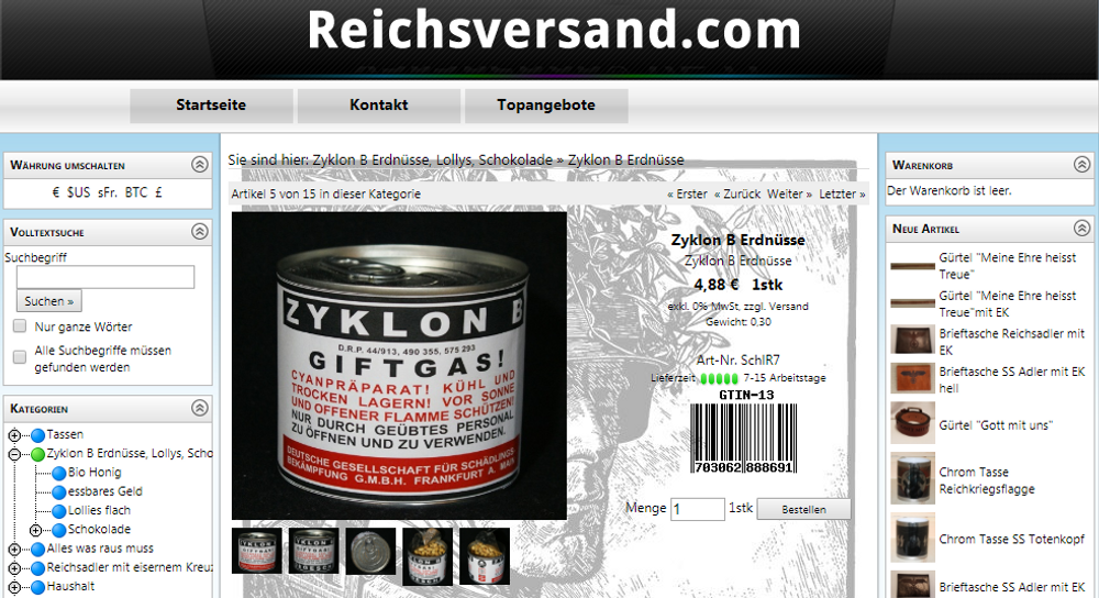 A Zyklon-B peanut can for sale on a website belonging to a German man charged with incitement and other offences