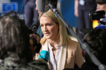Ireland's Foreign Minister Helen McEntee speaks with the media as she arrives for a meeting of EU foreign ministers at the European Council building in Luxembourg, Tuesday, April 21, 2026.