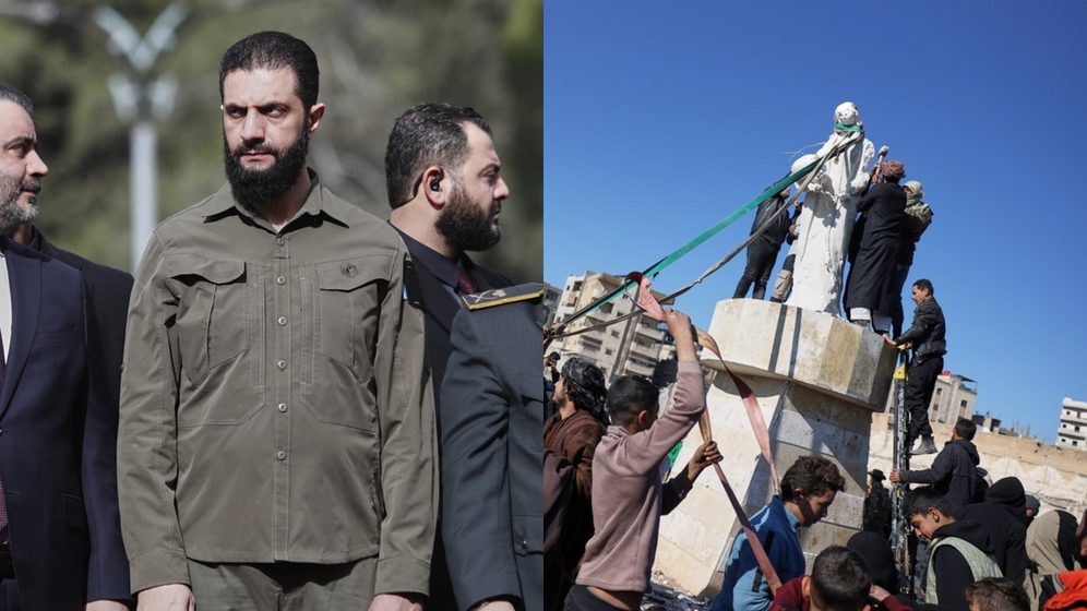 מימין: הפלת פסל בעיר א-רקה, שהייתה בידי הכורדים. משמאל: נשיא סוריה אחמד א-שרע