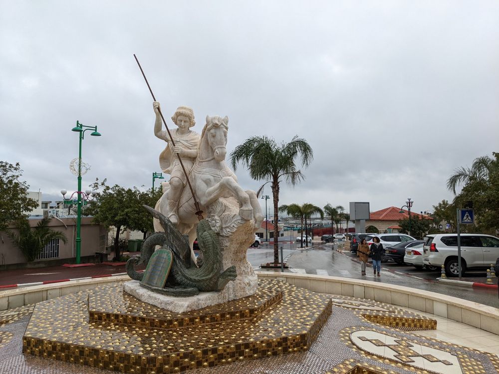 A water fountain depicting St George slaying a dragon, in the center of Ghajar, northern Israel, February 25, 2022.