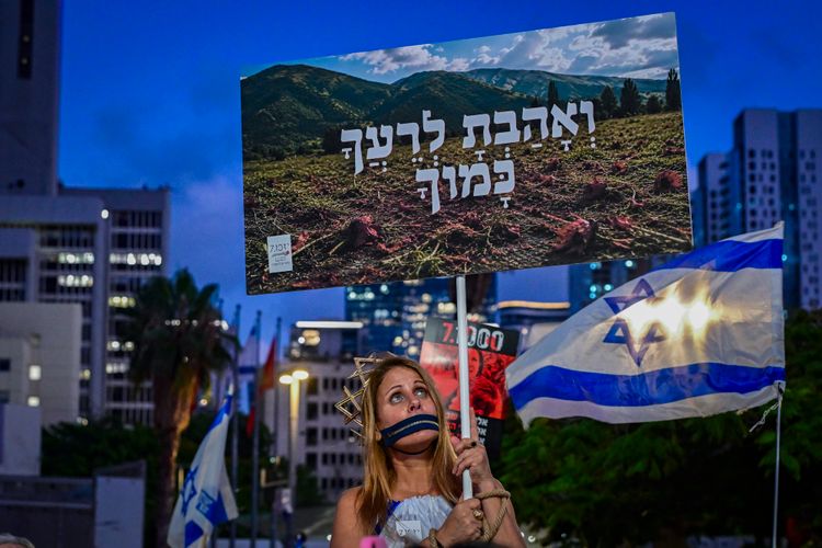 Protesters take part in a rally in Tel Aviv during events marking the 1,000th day since the October 7 massacre, July 2, 2026.