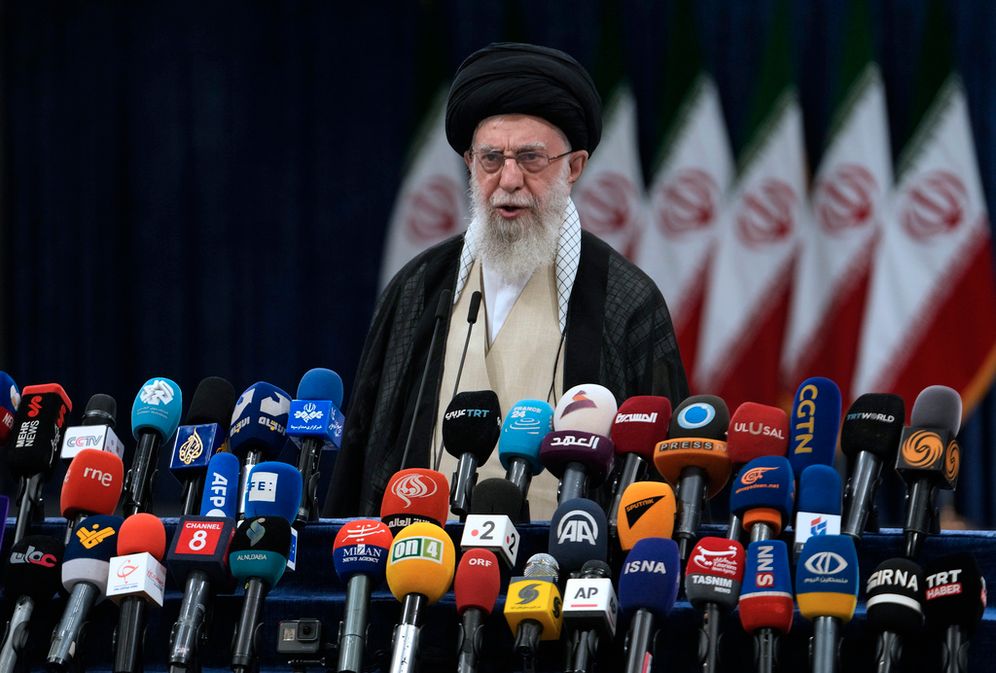 Iranian Supreme Leader Ayatollah Ali Khamenei speaks after casting his vote during the presidential election, in Tehran, Iran, Friday, June 28, 2024.