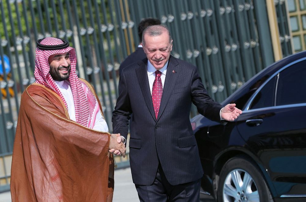 Turkey's President Recep Tayyip Erdogan (R) welcoming Crown Prince of Saudi Arabia Mohammed bin Salman during an official ceremony at the Presidential Complex in Ankara, on June 22, 2022.