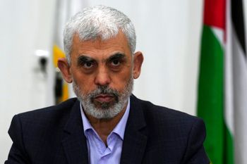 Yahya Sinwar, head of Hamas in Gaza, chairs a meeting with leaders of Palestinian factions at his office in Gaza City, Wednesday, April 13, 2022.