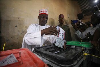 New Nigerian People Party presidential candidate Rabiu Kwankwaso casts a ballot at a polling station in Kano, Nigeria.