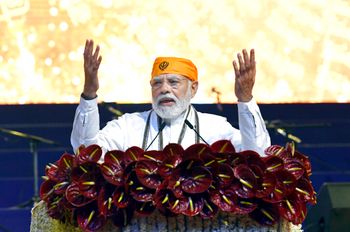 Indian Prime Minister Narendra Modi speaks at the historic Mughal-era Red Fort, New Delhi, India, on April 21, 2022.