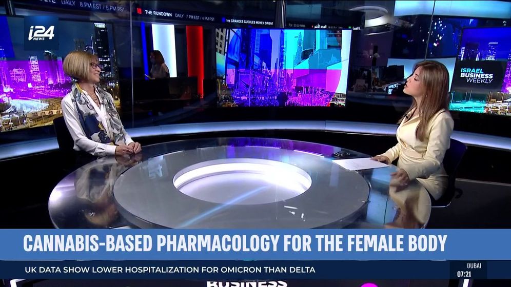 Dr. Sari Pruychi Sagiv and anchor Natasha Kirtchuk at the i24NEWS studio in Jaffa, Israel, on December 23, 2021.