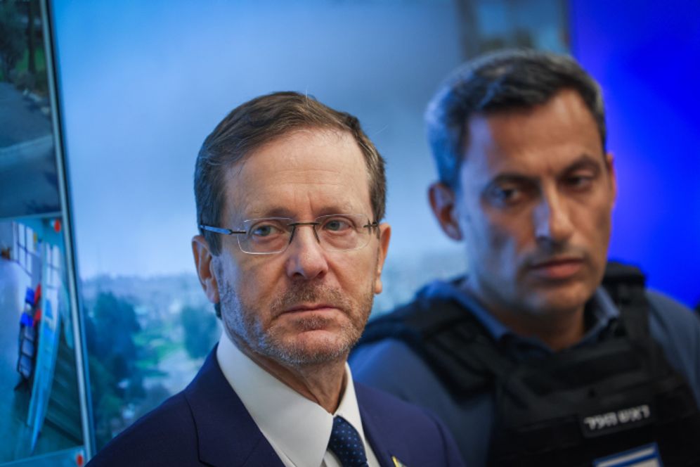 President Isaac Herzog during a visit to the southern Israeli town of Sderot on October 11, 2023